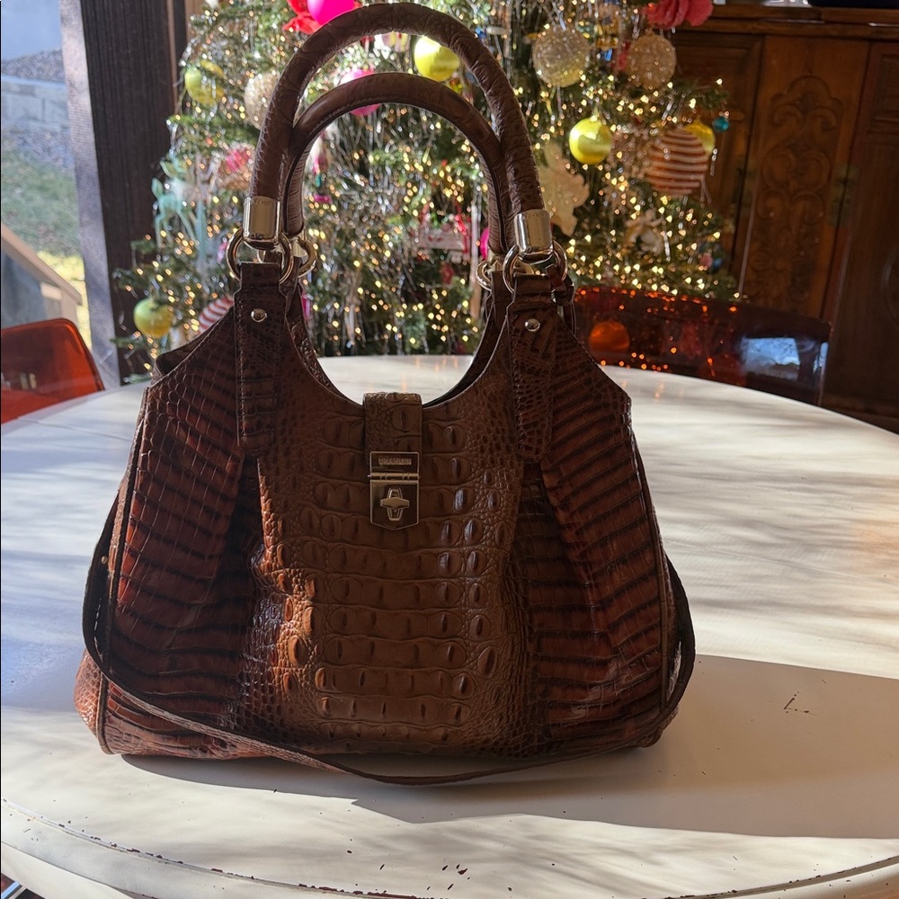 Brahmin Rich Brown Crocodile-Embossed Shoulder Bag